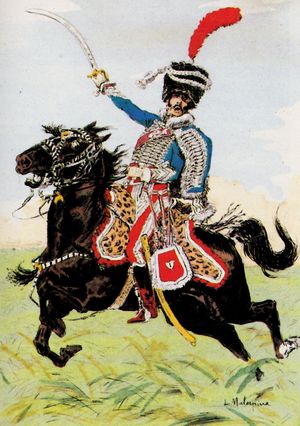 돌격을 준비하는 제1 후사르 연대 지휘관. 루이페르디낭 말레스피나의 삽화.