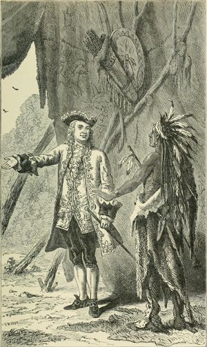 윌리엄 존슨 경이 모호크 족 추장과 협상하는 모습. 뉴욕시 역사, 1896년.