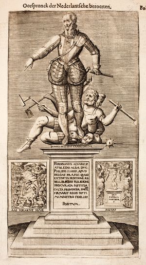 피터 보르의 《네덜란드 전쟁》에 실린 안트베르펜의 페르난도 알바레스 데 톨레도 동상 조각.