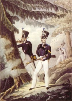 1828년 제복을 입은 핀란드 근위대. 배경에 두 명의 사병과 나팔수.