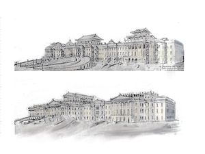 두 개의 동일한 대형 시립 건물 그림이 있는데, 하나는 고전적인 지붕을 가지고 있고 다른 하나는 경사진 일본식 지붕을 가지고 있습니다