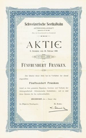 1897년 1월 1일에 발행된 Schweizerische Seethalbahn AG의 주식