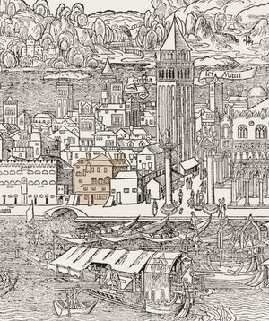 에르하르트 로이비히의 목판화 Peregrinatio in Terram Sanctam (1486)의 세부 묘사로, 산 마르코 광장에 위치한 이전 조폐창(음영 처리)을 보여준다.