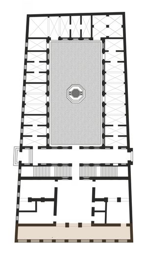 1층 배치도, 음영 부분은 1588년에 재배치된 소시지와 치즈 상점 위치를 나타냄