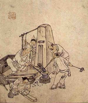 단원 김홍도가 그린 《대장간》 그림. 조선 후기 철 생산의 모습을 엿볼 수 있다.