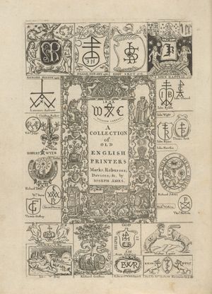 인쇄 고대 유물(1749)의 앞면 그림, 많은 인쇄업자들의 리버스를 보여준다.