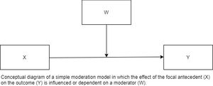조절변인(W)에 따라 초점 선행 변인(X)이 결과(Y)에 미치는 영향이 달라지거나 영향을 받는 단순 조절 모형의 개념도.