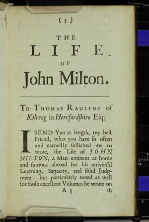1699년 톨런드가 저술한 "존 밀턴의 생애"의 첫 페이지. 노트르담 대학교 헤스버그 도서관에서 디지털화함.