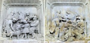 20세기 초 여행 클래스 일러스트. 1등석과 2등석(왼쪽) 및 3등석(오른쪽) 역 레스토랑의 표현. 메츠 기차역의 부조 (Reliefs), 메츠, 프랑스.