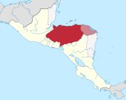 중앙 아메리카 연방 공화국의 주에서 온두라스가 빨간색으로 칠해졌고 분쟁 지역인 모스키토 해안은 옅은 빨간색으로 칠해진 지도