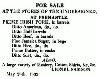 1833년의 광고. 목록의 두 번째 항목은 "원통형 미국산 돼지고기"로 읽을 수 있지만 세 번째와 네 번째는 고기의 원산지에 대해 모호하다. 사용된 반복 표시는 "do." (퍼스 가제트)이다.