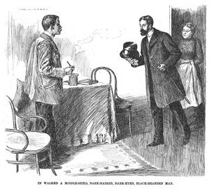 파이크로프트가 아서 피너를 만나는 장면, 1893년 W. H. 하이드의 삽화, Harper's Weekly에 게재