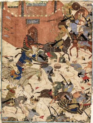 도시 문 앞에서 벌어지는 기마전. 라시드 앗-딘, 자미 알-타와리흐, Diez Albums, 1300–1325