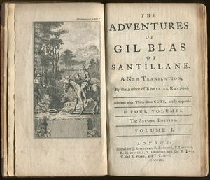 1761년 영어 번역본 길 블라스의 모험의 앞표지와 표제 페이지