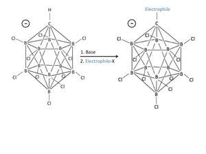 붕소 기반 음이온의 C-꼭지점은 탈양성자화될 수 있고 더 나아가 친전자체와 반응할 수 있지만, B–Cl 꼭지점은 실질적으로 불활성 상태를 유지한다.
