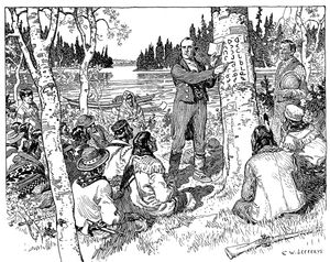 A white man stands in front of a gathering of Cree people, teaching his writing system to them.