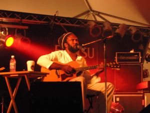 코리 해리스가 뉴브런즈윅주 프레더릭턴의 하비스트 재즈 & 블루스 페스티벌에서 공연하고 있다.