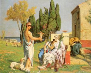 두 여인이 앉아 날개 달린 소년 조각상을 들고 있는 남자를 바라보는 그림