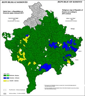2011년 코소보의 종교 지도 (정착촌별). 북쪽의 세르비아인이 다수인 회색 지역은 정교회가 다수를 차지하는 것으로 추정된다.