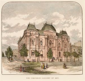 1885년 코코런 미술관의 최초 건물(현재의 레닉 미술관)을 보여주는 손으로 채색된 사진 기계 인쇄물.