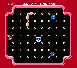 NES 버전, 버블스(빨간색), 유니라(파란색), 보물을 보여주는 화면