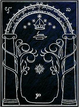 두린의 문의 톨킨 삽화, 텡과르 문자로 된 신다린 비문이 새겨져 있다.