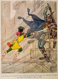 아일랜드 왕의 아들이 빛의 검을 휘두르고 있다. 윌리 포가니 삽화, 패드릭 콜럼의 아일랜드 왕의 아들 (1916) 앞면.