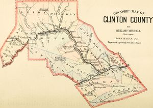 1883년 필라델피아 및 이리 철도가 중심을 통과하는 클린턴군 지도.