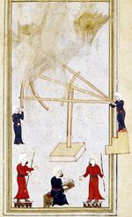 오스만 관측소 천문학자들과 무네찜바시 (수석 점성가)가 사분원을 사용하여 점성술을 하고 있다.