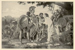 사비니족이 타르페이아를 유혹하여 로마를 배신하게 하는 모습. 19세기 삽화