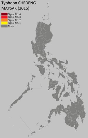 태풍 체뎅(마이삭의 필리핀명)이 필리핀에 접근하여 약화되기 전에 발표된 태풍 경보(PSWS) 애니메이션