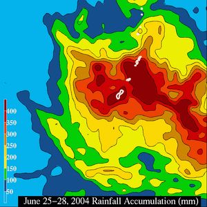 6월 25일부터 28일까지 팅팅으로 인한 강수량 누적