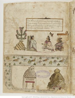 코덱스 코즈카친에서 발췌한 내용. 이사벨 모테쿠소마(중앙, 가리키는 모습)가 아버지 모테쿠소마 2세(오른쪽)와 형제 페드로 모테쿠소마(오른쪽) 사이에 있는 모습을 보여준다.