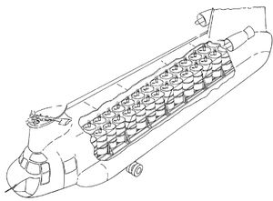 육군 훈련 교범에서 배럴 폭탄을 CH-47 치누크 헬리콥터에 싣는 방법을 보여주는 다이어그램