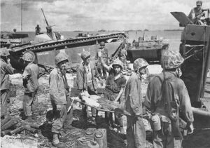 해군 군의관이 부상당한 해병에게 혈장을 투여하는 동안 들것 운반병들이 들것에 그를 싣고 해안에서 떨어진 병원선으로 후송하기 위해 묵묵히 기다리고 있으며, 그곳에서 그는 완벽한 치료를 받게 된다.