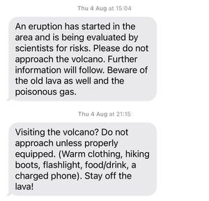 2022년 8월 화산 인근에 진입하는 휴대폰으로 전송된 위치 기반 SMS