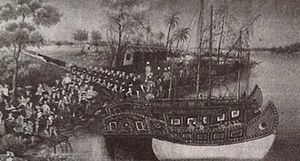 1887년에 그려진, 1786년 시암 군이 파야 타니 대포를 방콕으로 가져가는 그림.
