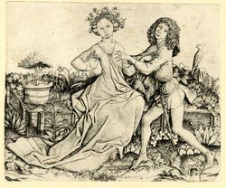 "잔디밭의 연인들" 또는 "정원 벤치", 1460년대 마스터 E. S.의 판화이다. 남자는 매우 긴 파튼을 벗어 던지고 풀렌을 벗기 시작했다. 여자는 여전히 파튼을 신고 있다.