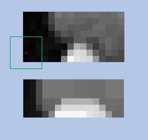 5x5 크기의 단순한 구조적 함수를 사용하는 회색조 이미지 팽창의 예시. 위 그림은 원본 이미지의 각 픽셀에 구조적 함수를 적용하는 창을 보여준다. 아래 그림은 결과로 나타나는 팽창된 이미지이다.