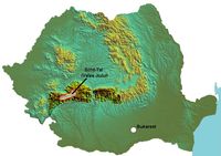 지우 계곡 (Jiu Valley)은 루마니아 지도에 표시되어 있다. 페트로샤니는 전통적인 광산 지역인 지우 계곡에서 가장 큰 도시이다.