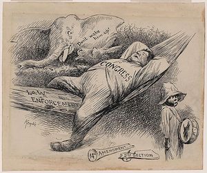 E. W. Kemble의 이 그림은 깨진 수정헌법 제14조를 들고 잠자는 의회를 보여준다. 이 그림은 의회가 흑인 미국인에 대한 헌법적 의무를 무시했음을 보여준다.