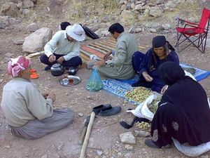 수확 후 펜드로(2007) 마을 사람들이 아몬드 껍질을 제거하고 있다.