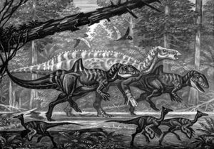 동시대 동물들 사이의 펠레카니미무스(전경)