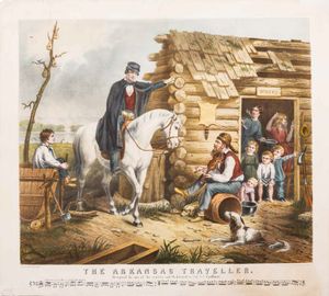 "'The Arkansas Traveller'. Designed by one of the natives and dedicated to Col. S. C. Faulkner." 에드워드 워시번(Edward Washburn)의 그림을 바탕으로, 리토그래프는 레오폴드 그로젤리에(Leopold Grozelier)가 제작하고, J. H. 버포드(J. H. Bufford's)가 1859년 보스턴에서 손으로 채색하고 인쇄 및 출판.