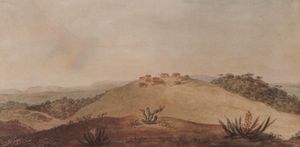 데브레가 묘사한 풍경으로, 1820년 옛 마을이 뒤편에 보이며, 드넓은 목초지 앞에 숲으로 둘러싸인 높은 언덕이 눈에 띈다.