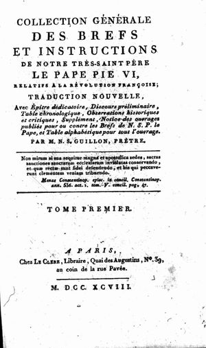 프랑스 혁명과 관련된 일반적인 영장 및 지침 모음(1798년 교황 비오 6세의 Collection generale des brefs et instructions relatifs a la revolution francoise)