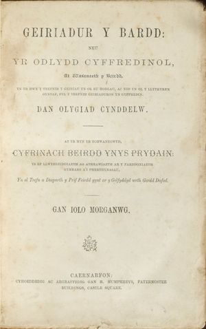 1870년대 책, Cyfrinach Beirdd Ynys Prydain ("영국의 섬의 음유시인의 미스터리", 이올로 모건우그) 포함