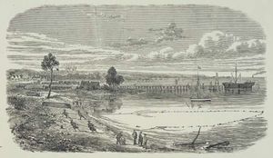 1873년 프랭크스턴 해변, 부두와 마을이 배경으로 보임.