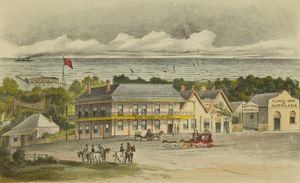 1888년 해변 리조트 프랭크스턴의 마크 영의 피어 호텔과 오스트랄라시아 식민지 은행.