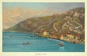 1880년경의 피츠나우, 랙 철도(1871년 개통) 및 증기선. 하인리히 뮐러(Heinrich Müller)의 에칭.